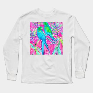 Pink and turquoise watercolor drawing of parrots Long Sleeve T-Shirt